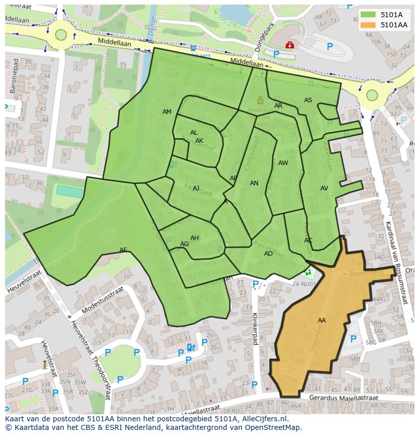 Afbeelding van het postcodegebied 5101 AA op de kaart.