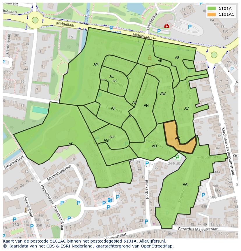 Afbeelding van het postcodegebied 5101 AC op de kaart.