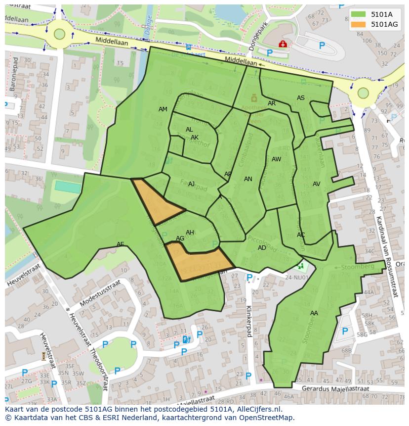 Afbeelding van het postcodegebied 5101 AG op de kaart.