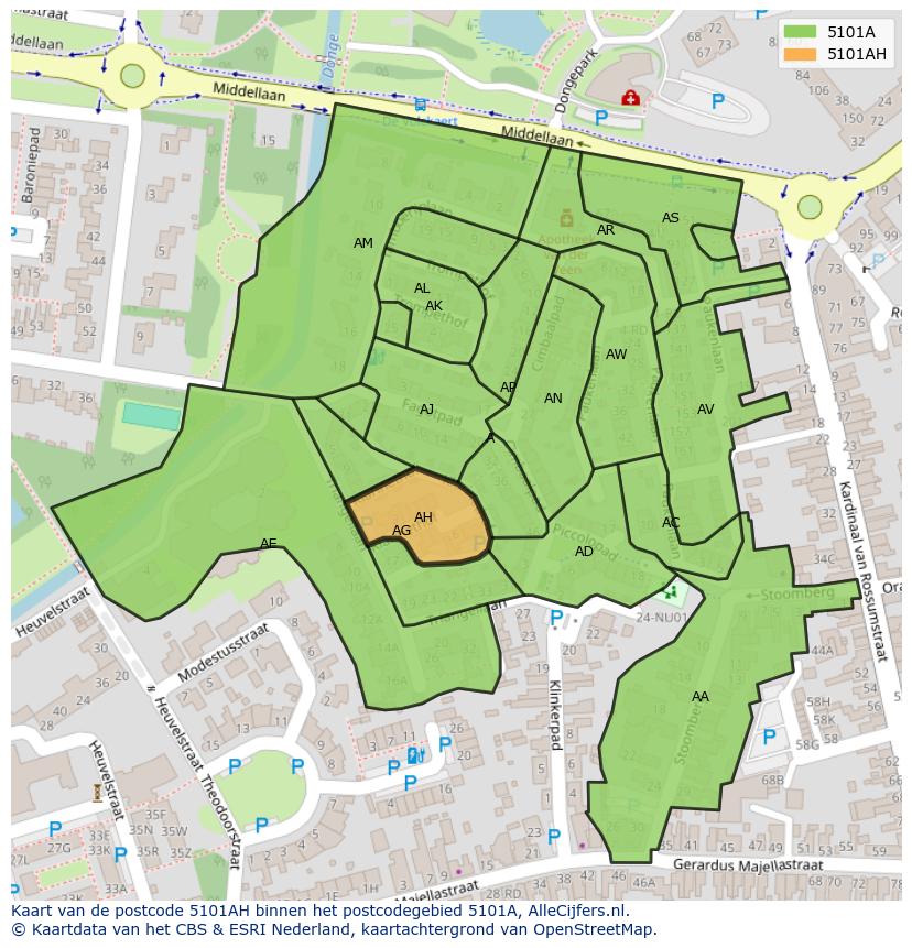 Afbeelding van het postcodegebied 5101 AH op de kaart.