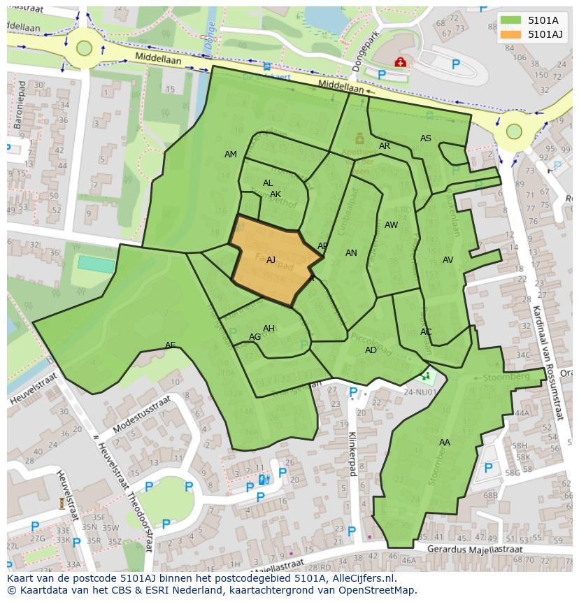 Afbeelding van het postcodegebied 5101 AJ op de kaart.