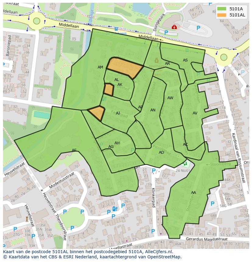 Afbeelding van het postcodegebied 5101 AL op de kaart.