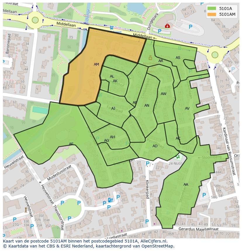 Afbeelding van het postcodegebied 5101 AM op de kaart.