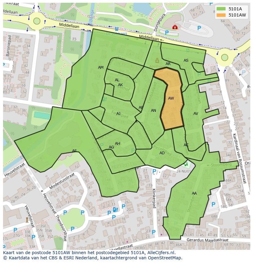 Afbeelding van het postcodegebied 5101 AW op de kaart.