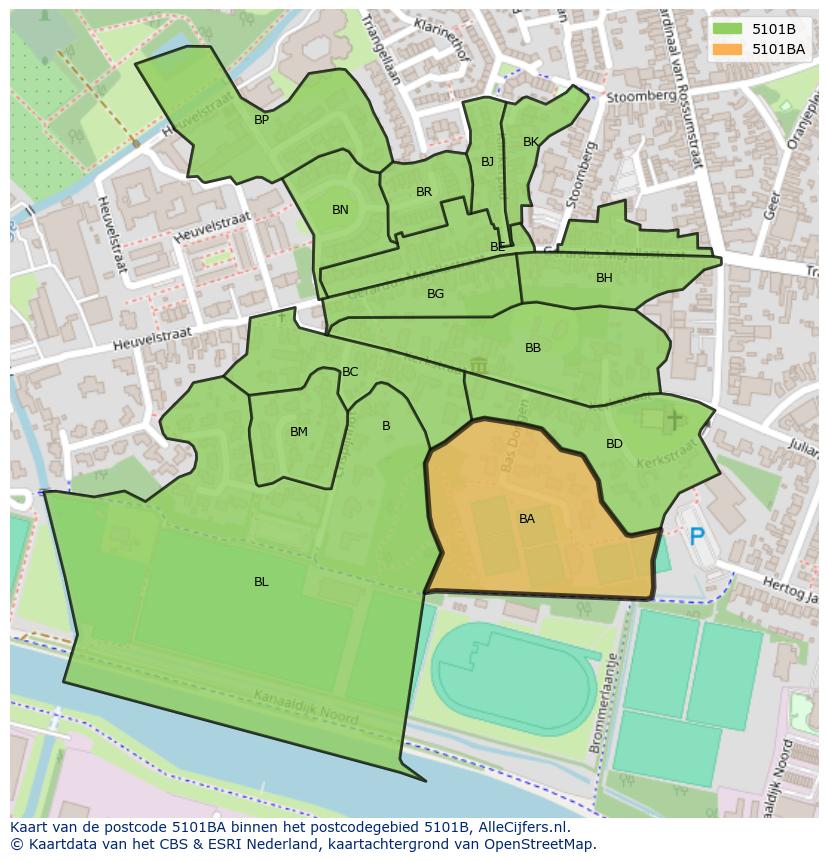 Afbeelding van het postcodegebied 5101 BA op de kaart.