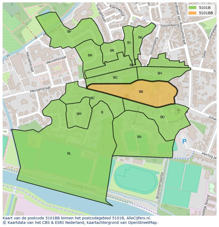 Afbeelding van het postcodegebied 5101 BB op de kaart.