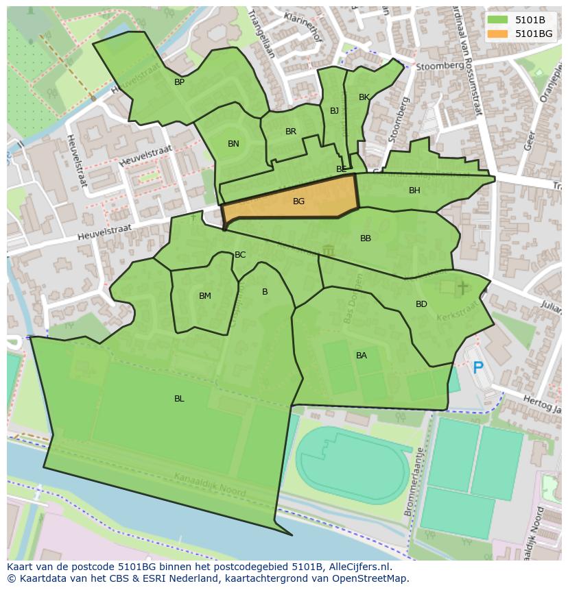 Afbeelding van het postcodegebied 5101 BG op de kaart.
