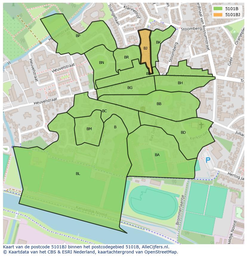 Afbeelding van het postcodegebied 5101 BJ op de kaart.