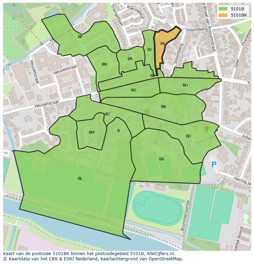 Afbeelding van het postcodegebied 5101 BK op de kaart.