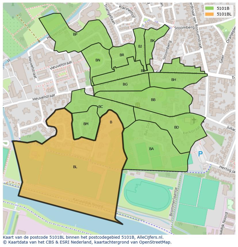 Afbeelding van het postcodegebied 5101 BL op de kaart.