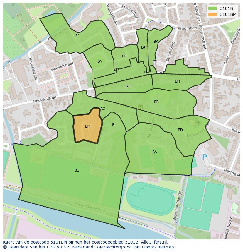 Afbeelding van het postcodegebied 5101 BM op de kaart.
