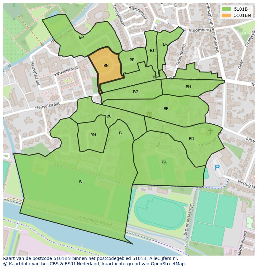 Afbeelding van het postcodegebied 5101 BN op de kaart.