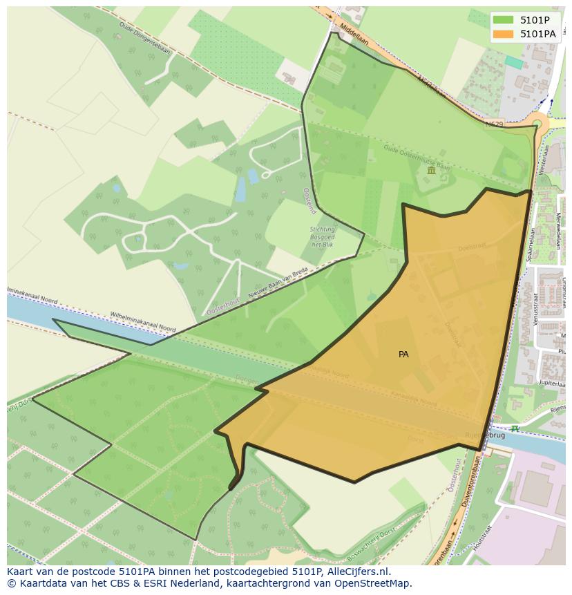 Afbeelding van het postcodegebied 5101 PA op de kaart.