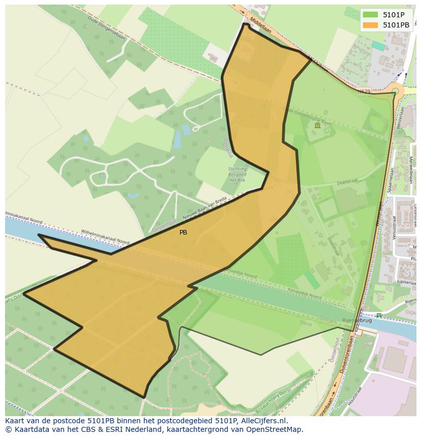 Afbeelding van het postcodegebied 5101 PB op de kaart.