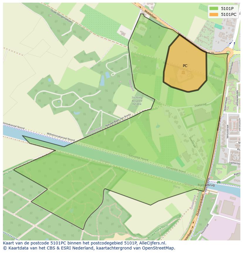 Afbeelding van het postcodegebied 5101 PC op de kaart.