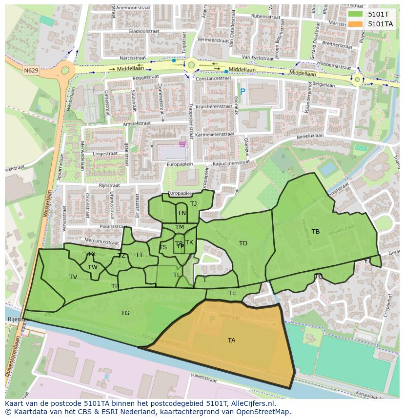 Afbeelding van het postcodegebied 5101 TA op de kaart.