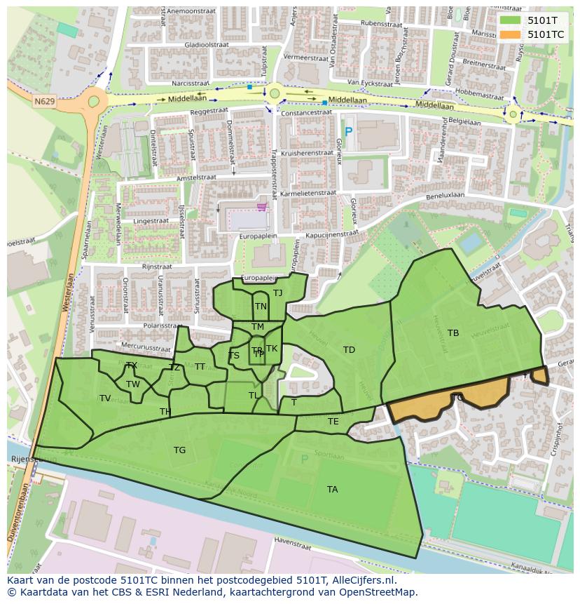 Afbeelding van het postcodegebied 5101 TC op de kaart.