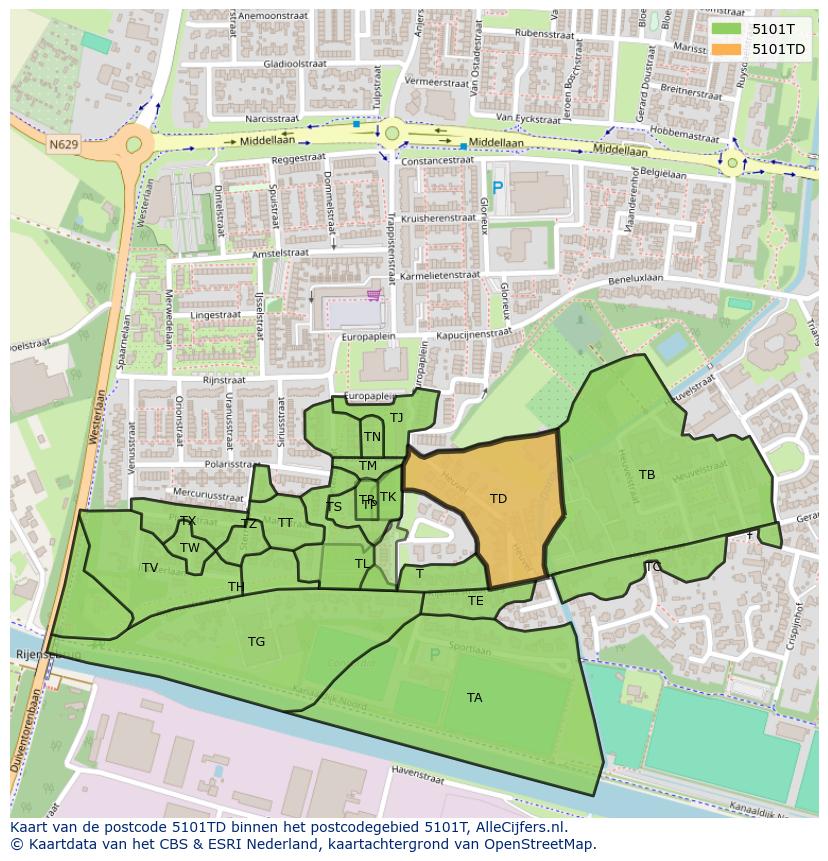 Afbeelding van het postcodegebied 5101 TD op de kaart.