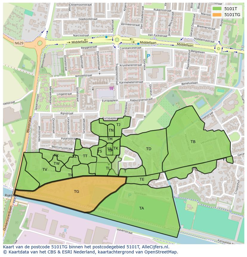 Afbeelding van het postcodegebied 5101 TG op de kaart.