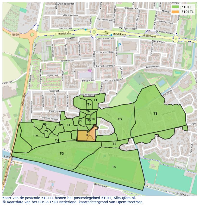 Afbeelding van het postcodegebied 5101 TL op de kaart.