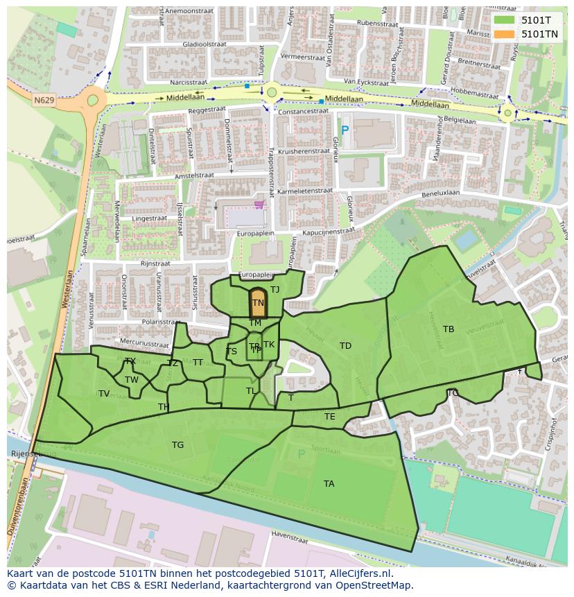 Afbeelding van het postcodegebied 5101 TN op de kaart.