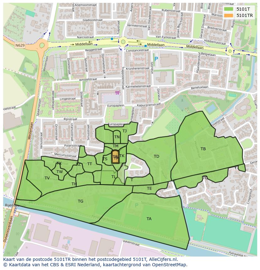 Afbeelding van het postcodegebied 5101 TR op de kaart.