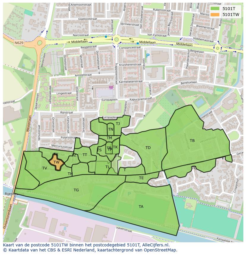 Afbeelding van het postcodegebied 5101 TW op de kaart.