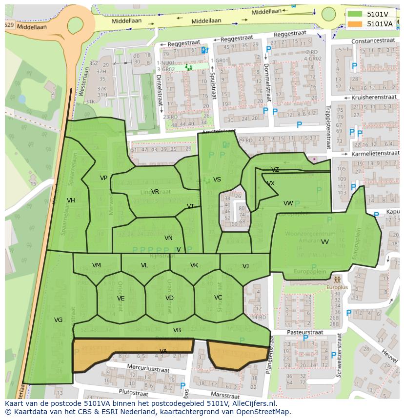 Afbeelding van het postcodegebied 5101 VA op de kaart.