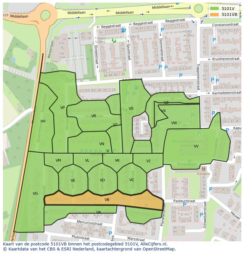 Afbeelding van het postcodegebied 5101 VB op de kaart.