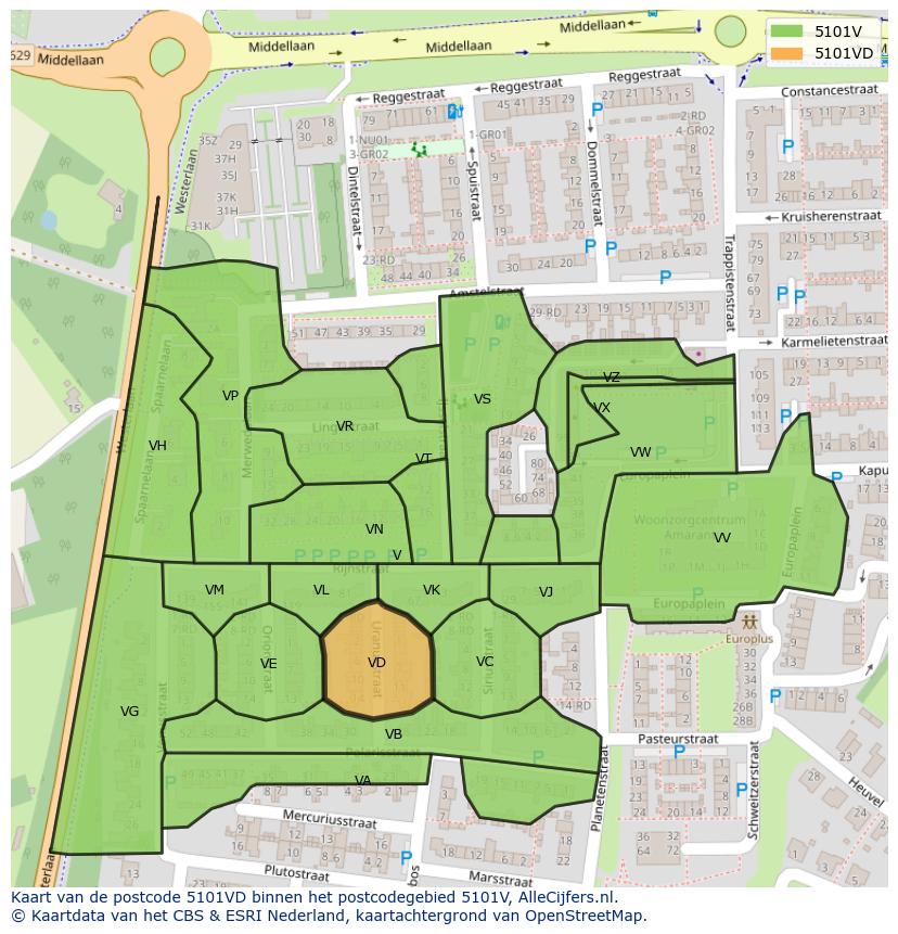 Afbeelding van het postcodegebied 5101 VD op de kaart.