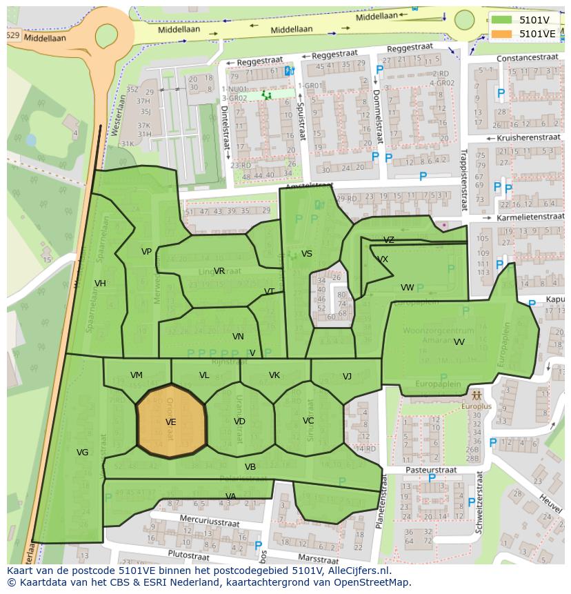 Afbeelding van het postcodegebied 5101 VE op de kaart.