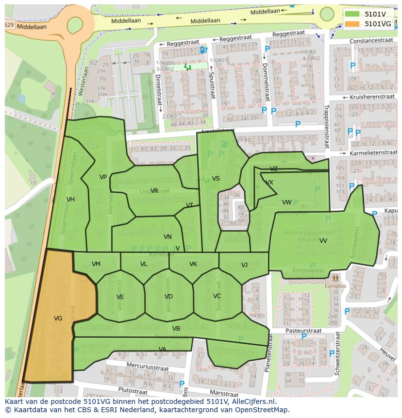 Afbeelding van het postcodegebied 5101 VG op de kaart.
