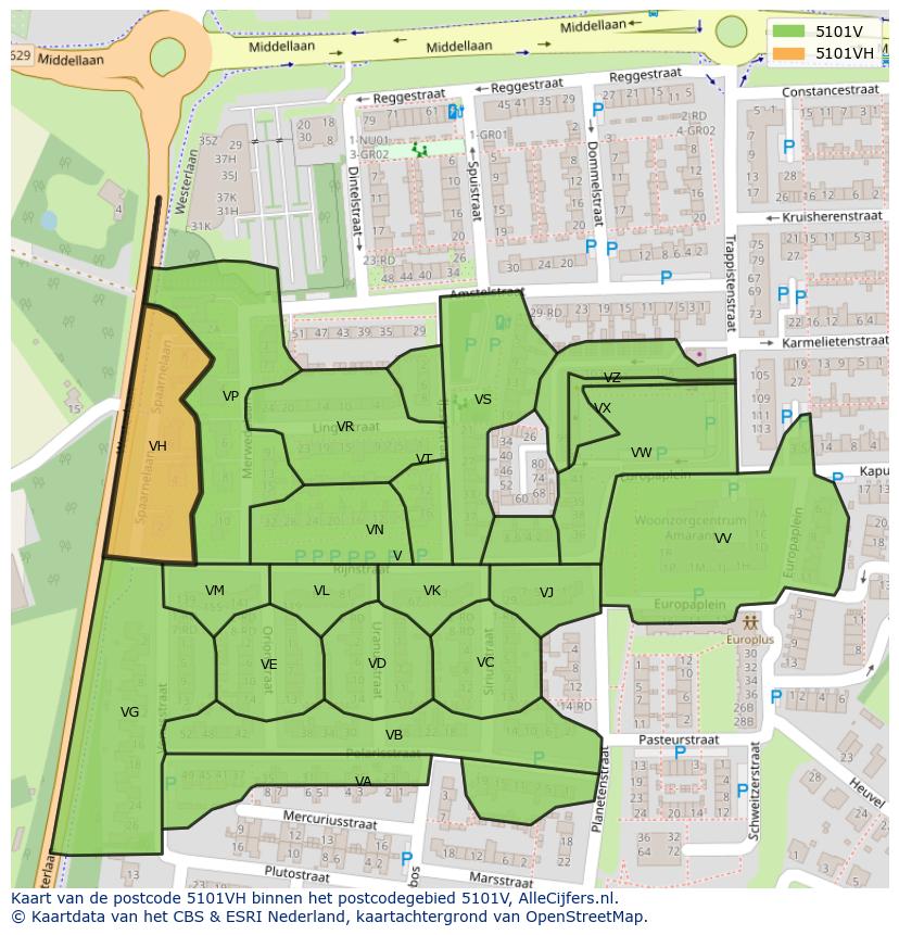 Afbeelding van het postcodegebied 5101 VH op de kaart.