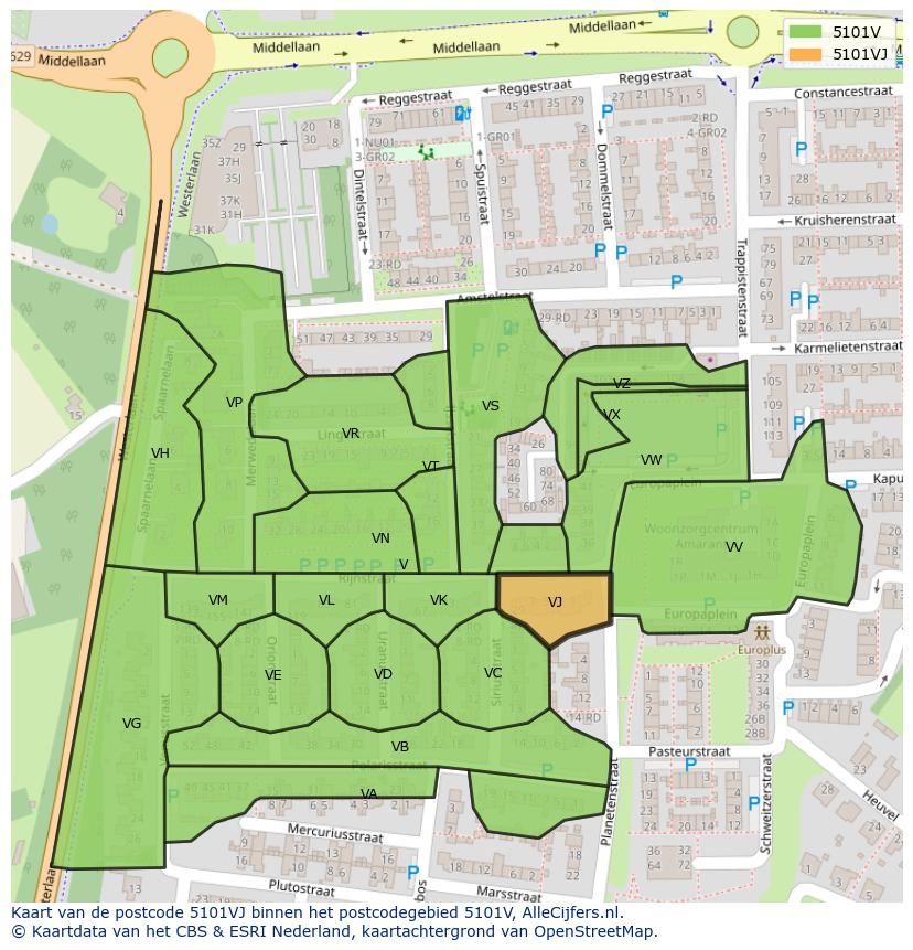 Afbeelding van het postcodegebied 5101 VJ op de kaart.