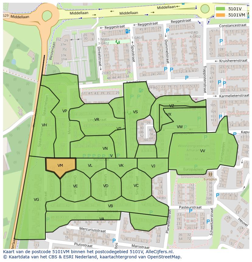 Afbeelding van het postcodegebied 5101 VM op de kaart.