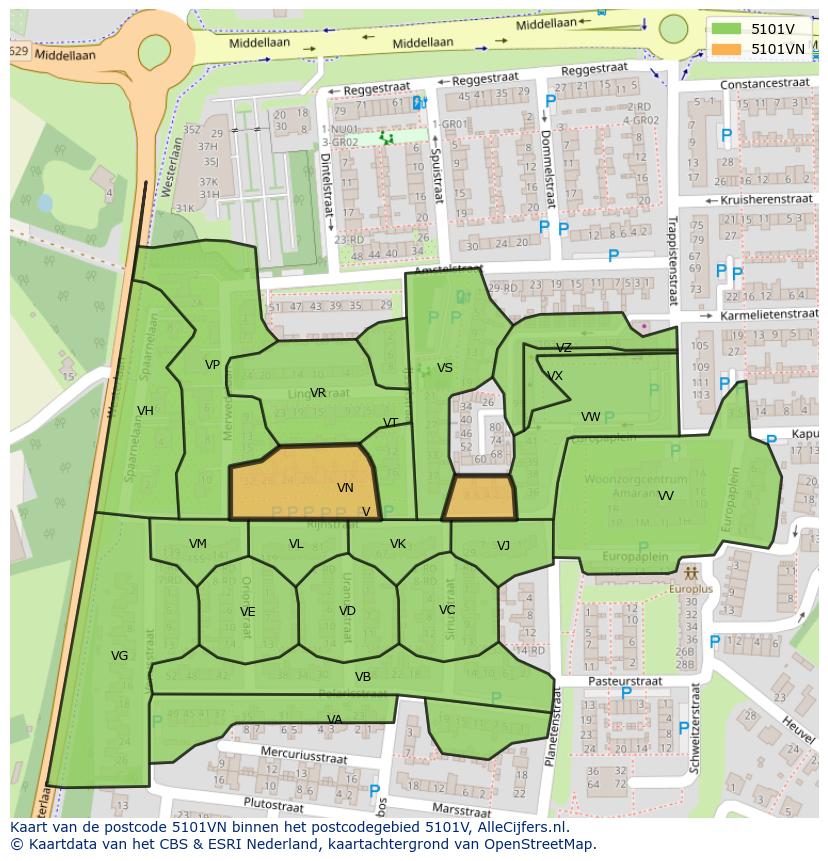 Afbeelding van het postcodegebied 5101 VN op de kaart.