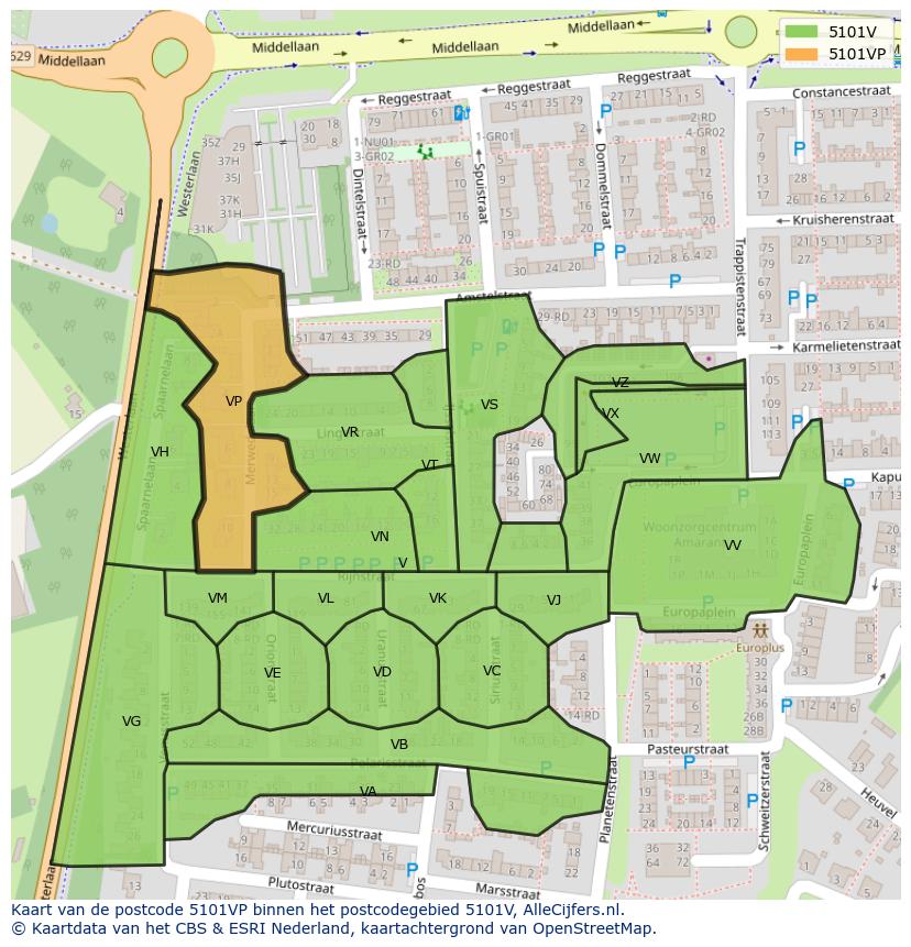 Afbeelding van het postcodegebied 5101 VP op de kaart.