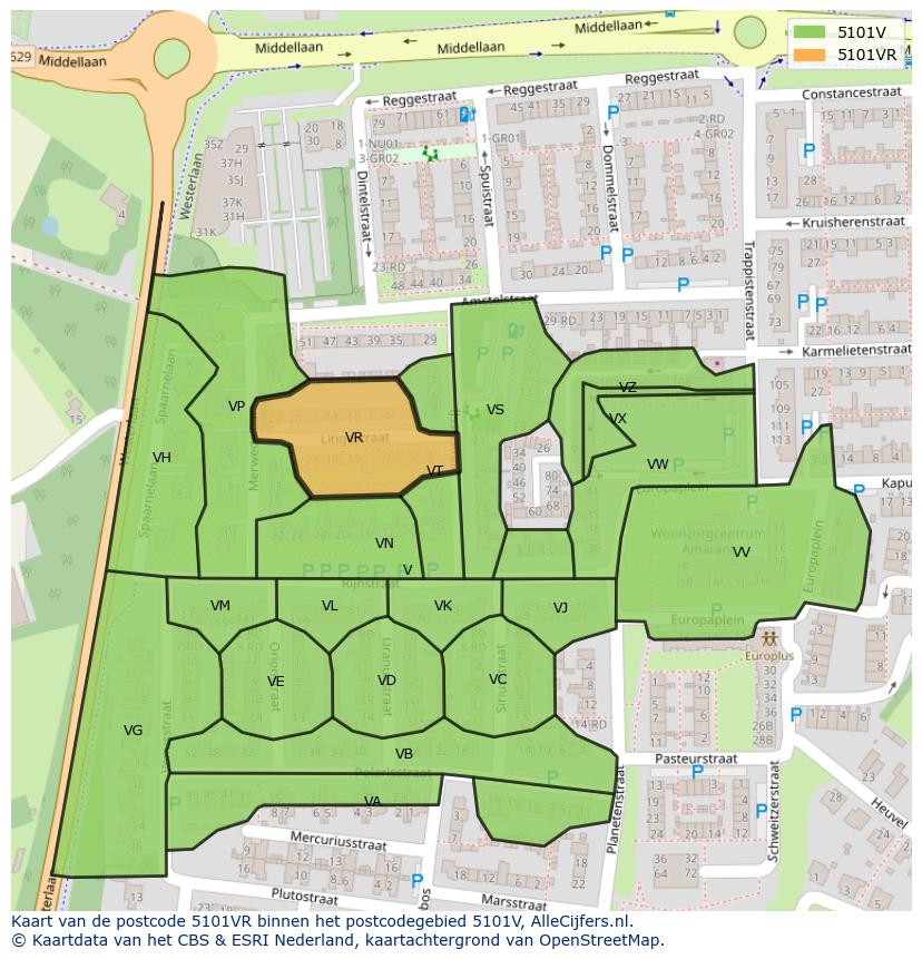 Afbeelding van het postcodegebied 5101 VR op de kaart.