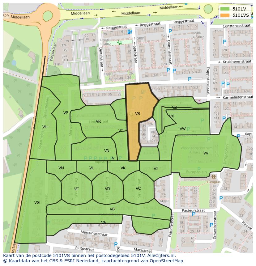 Afbeelding van het postcodegebied 5101 VS op de kaart.
