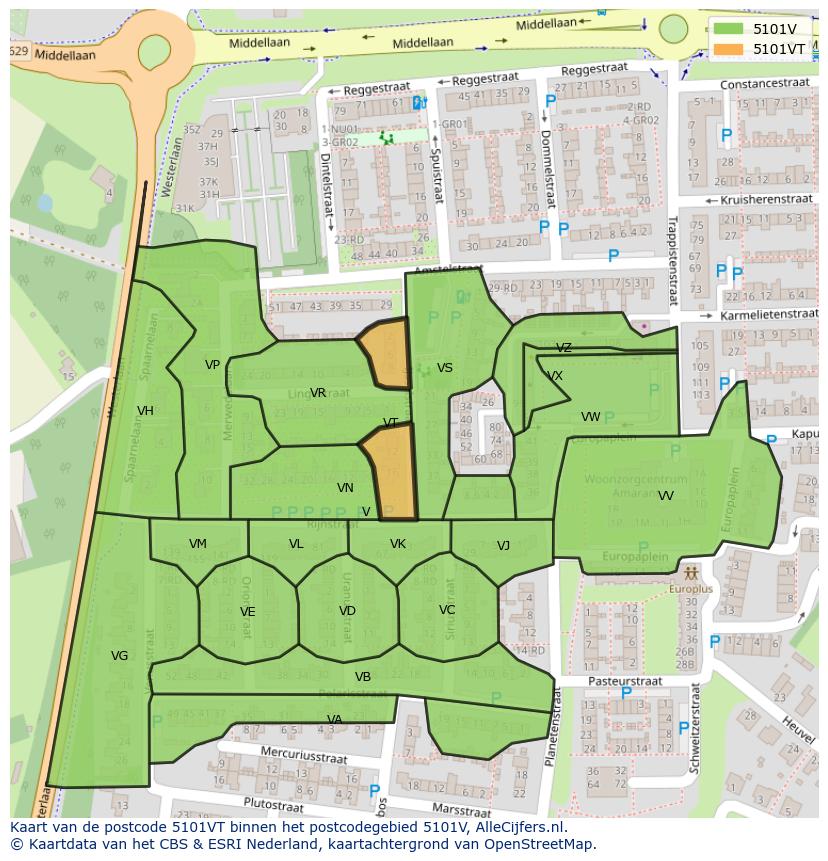 Afbeelding van het postcodegebied 5101 VT op de kaart.