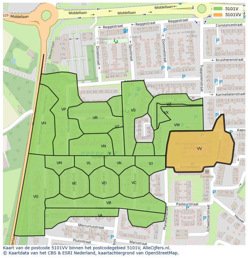 Afbeelding van het postcodegebied 5101 VV op de kaart.