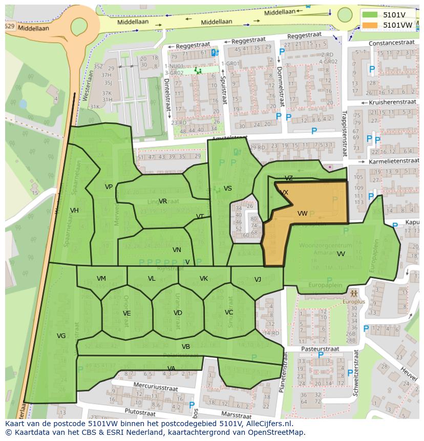 Afbeelding van het postcodegebied 5101 VW op de kaart.