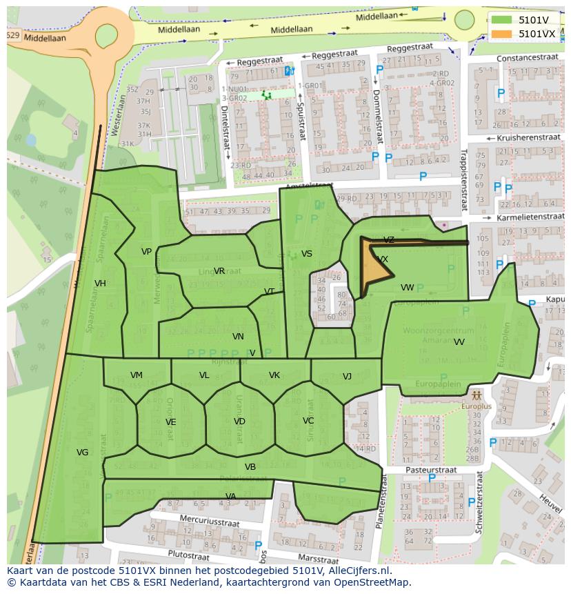 Afbeelding van het postcodegebied 5101 VX op de kaart.