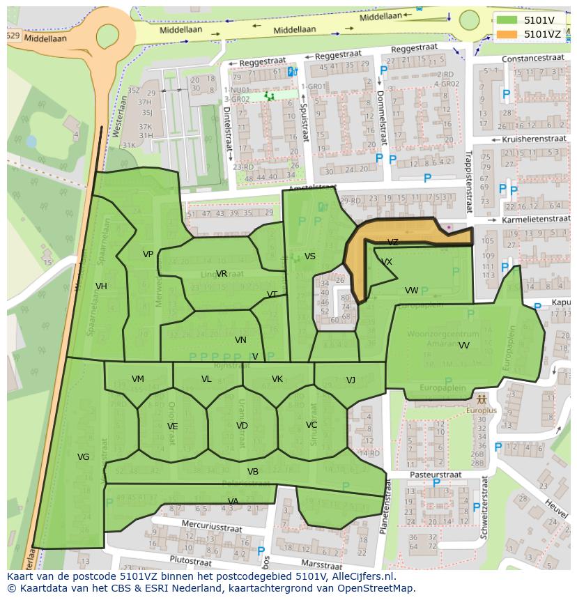 Afbeelding van het postcodegebied 5101 VZ op de kaart.