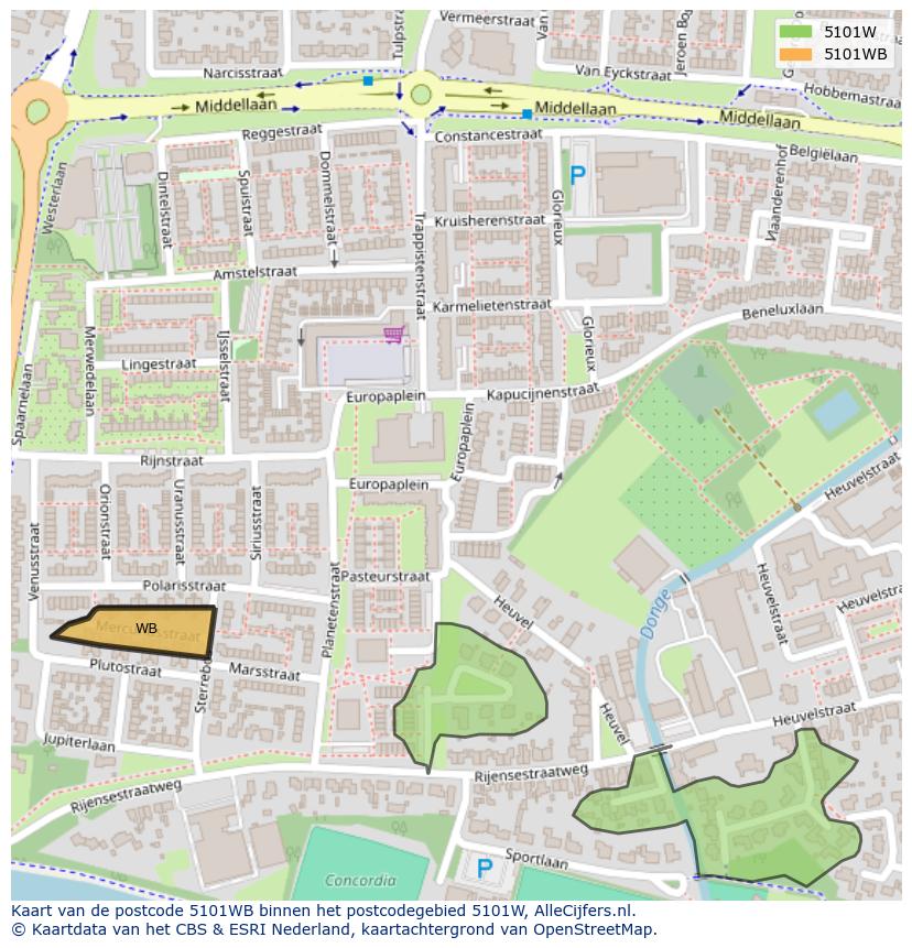 Afbeelding van het postcodegebied 5101 WB op de kaart.