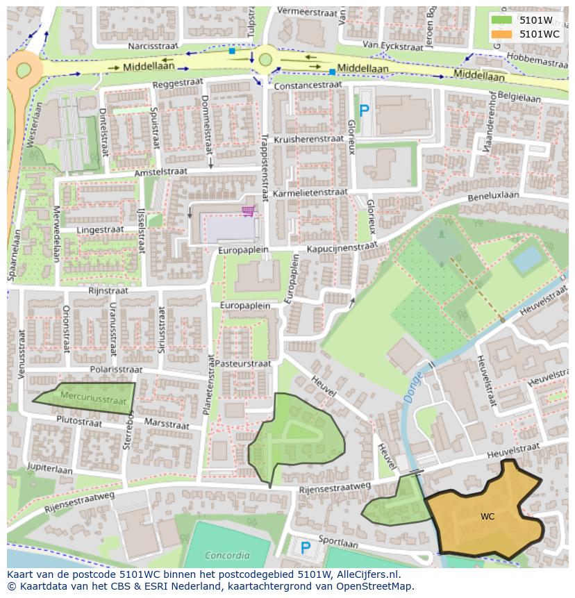 Afbeelding van het postcodegebied 5101 WC op de kaart.