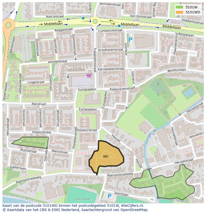 Afbeelding van het postcodegebied 5101 WD op de kaart.