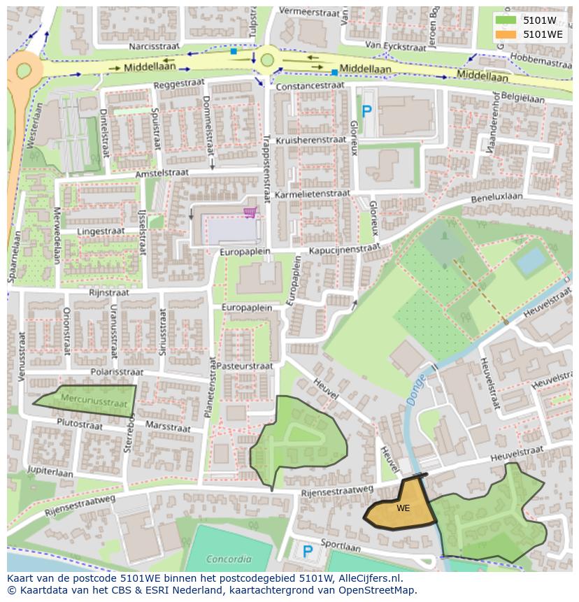 Afbeelding van het postcodegebied 5101 WE op de kaart.