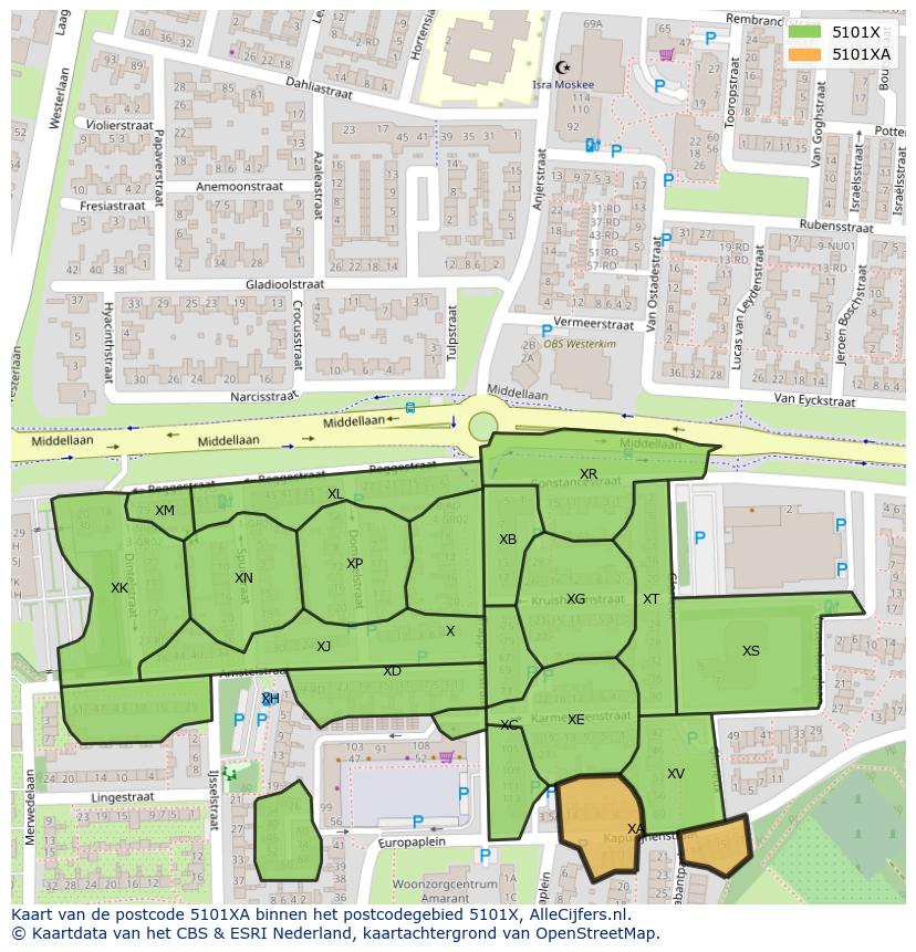 Afbeelding van het postcodegebied 5101 XA op de kaart.