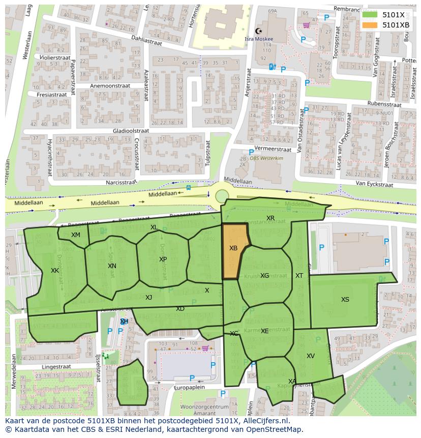 Afbeelding van het postcodegebied 5101 XB op de kaart.